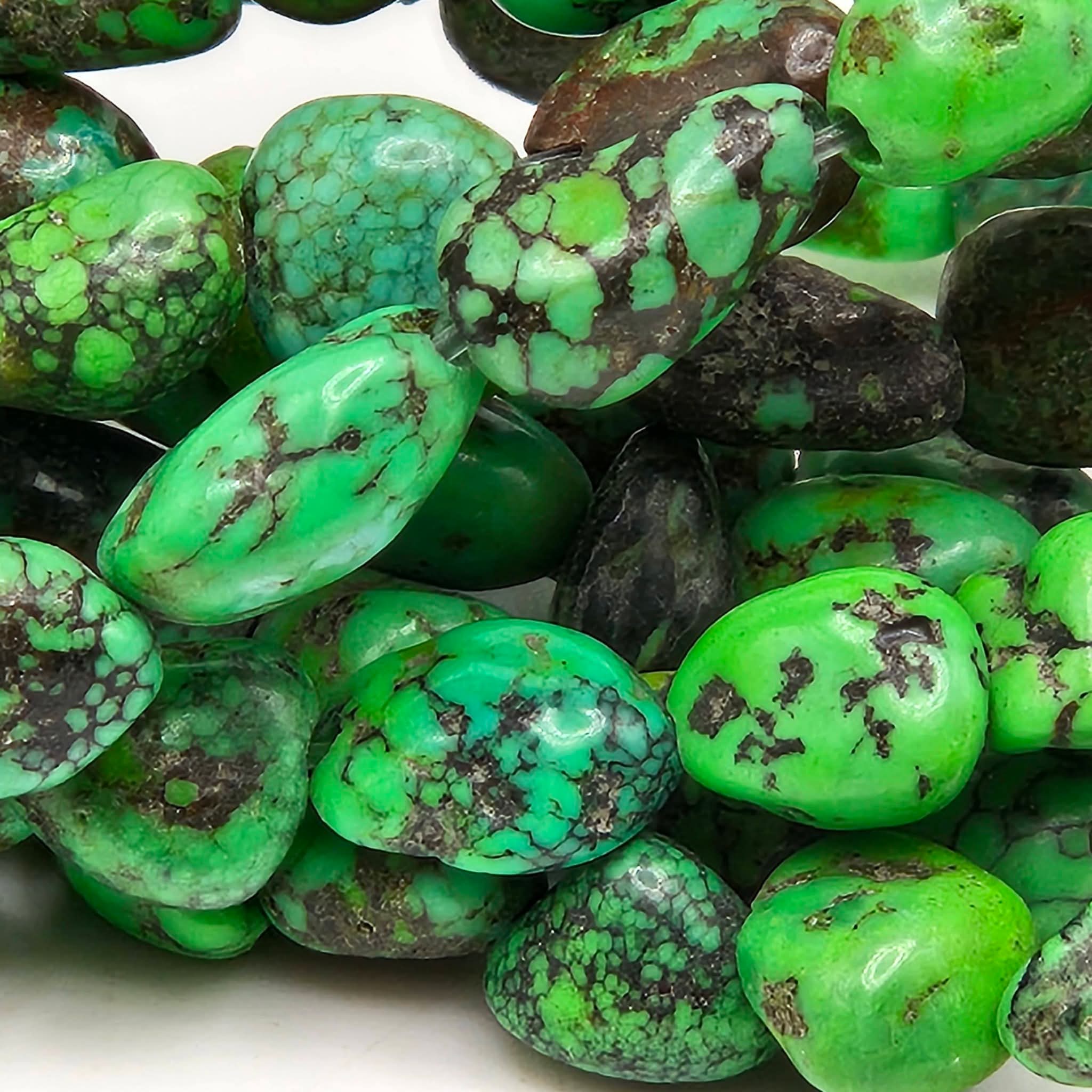 Rare Lime Green Turquoise Nugget Beads 9x5mm 16" Strand | Brown & Black Matrix